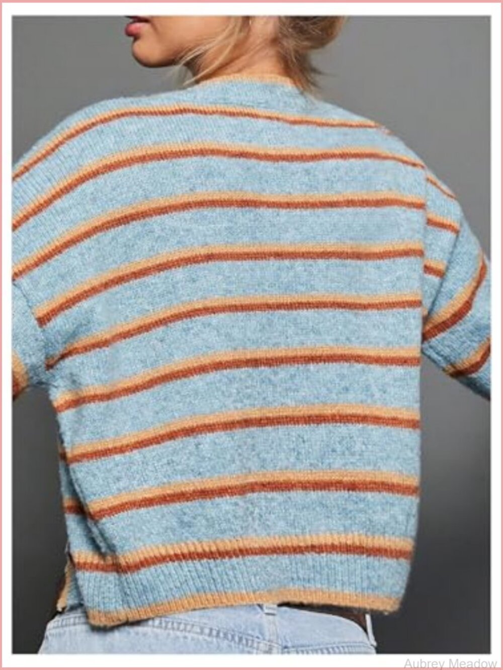 Striped Button Front Cropped Cardigan Long Sleeve Lightweight Knit - Picture 3 of 5